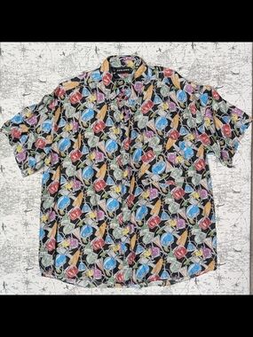 Vintage Colore Italia 100% Silk Cocktail Print Button Down Shirt Large